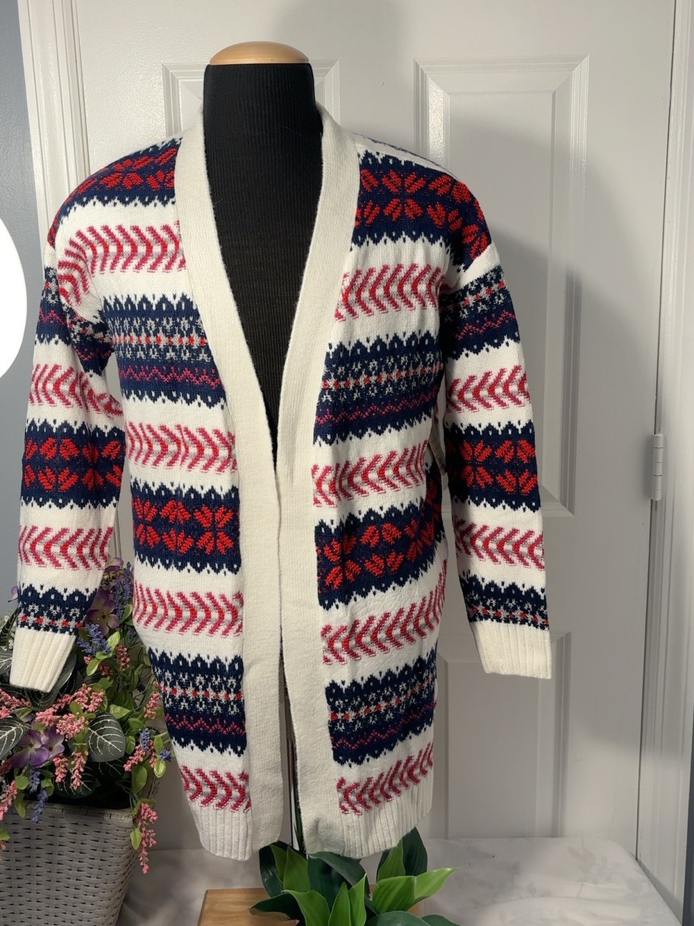 St. John’s Bay Women’s Fair Isle Long Cardigan Sweater Petite Large NWT